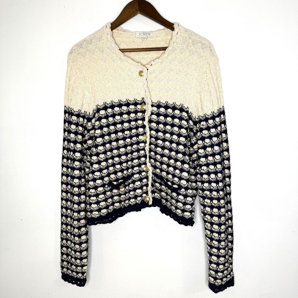 J Crew Knit Sweater XL Crochet Textured Cardigan Classic Money Preppy Blue